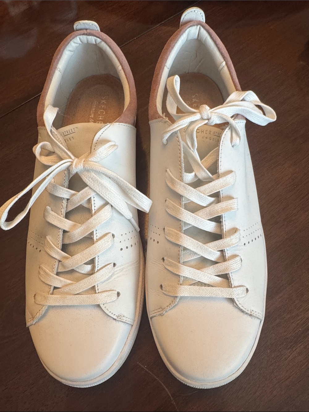 Skechers White Sneakers with Blush Pink Heel Accent